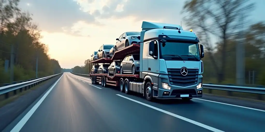 AI generated image of Mercedes truck carrying cars
