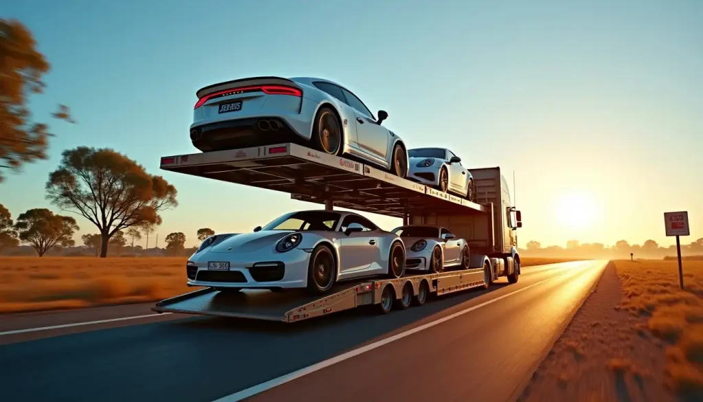 Representation of car hauler transporting cars across the Australian outback.